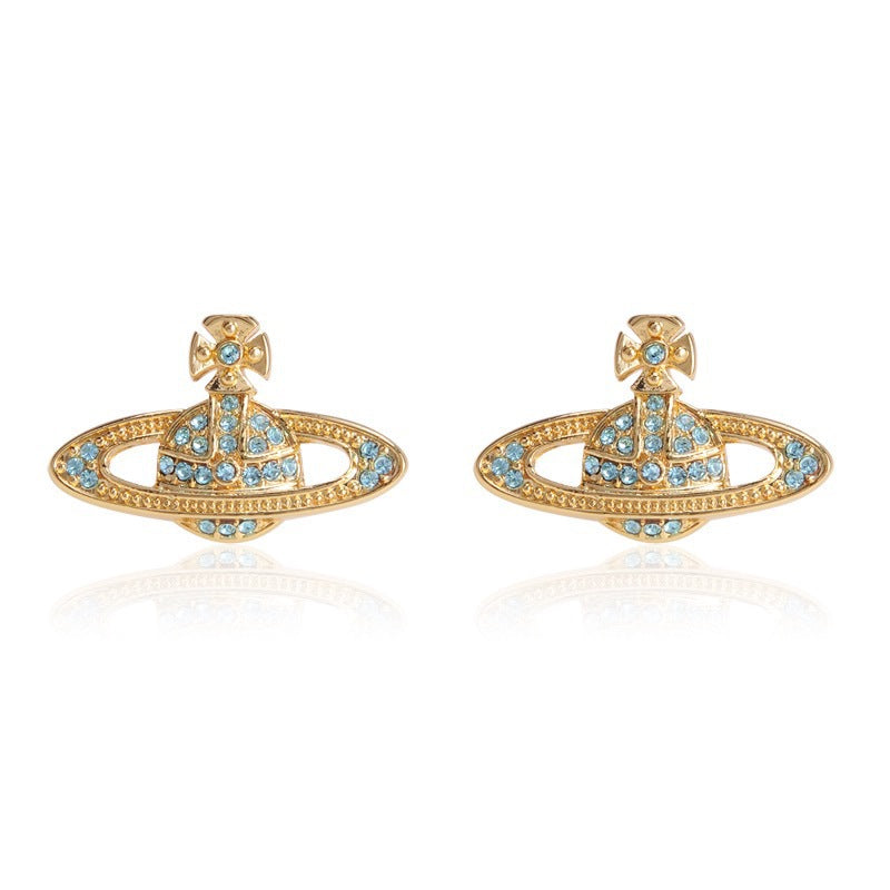 Vivienne Westwood classic full diamond orb stud earrings ins simple personalized all-match