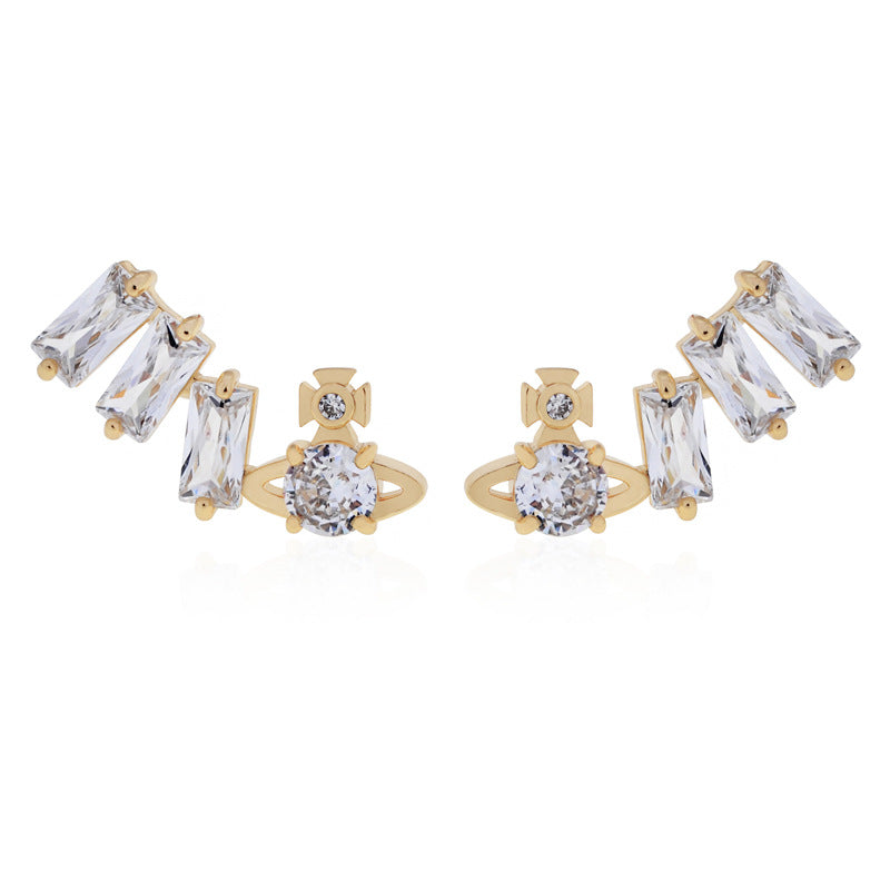 Vivienne Westwood square diamond Zircon stud earrings ins luxury High sense