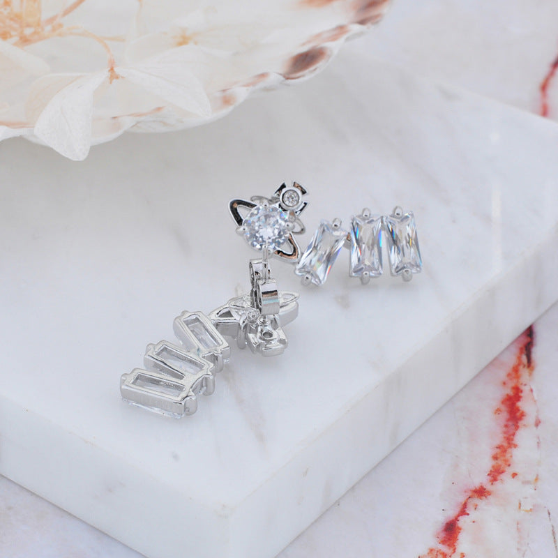 Vivienne Westwood square diamond Zircon stud earrings ins luxury High sense