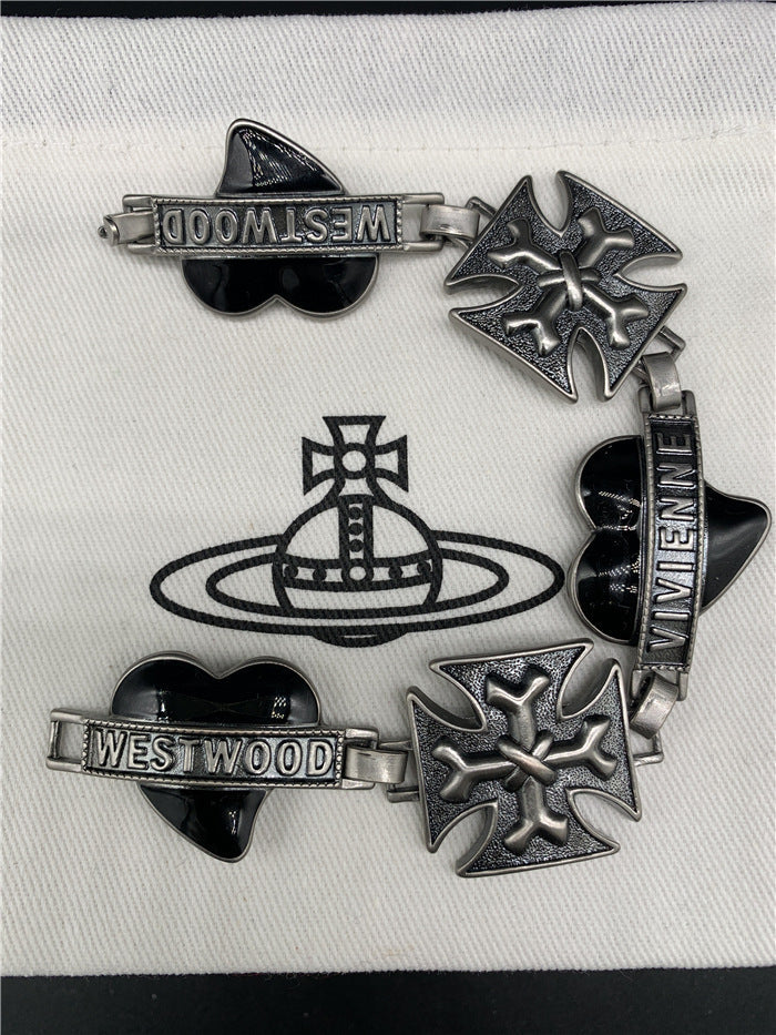 Vivienne Westwood ancient silver black heart cross bracelet