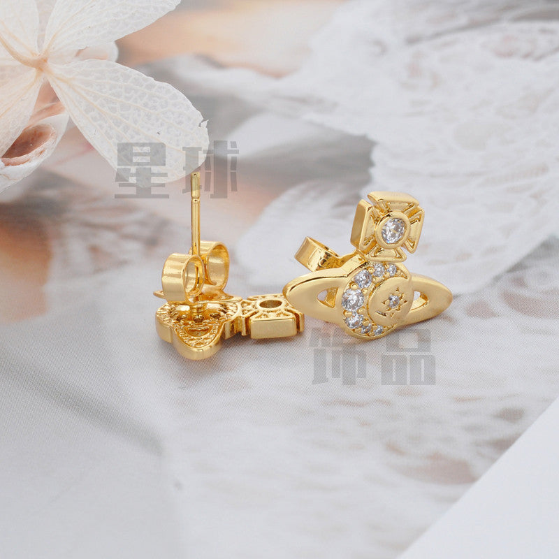 Vivienne Westwood star moon stud earrings women's romantic ear rings Japanese and Korean simple style accessories