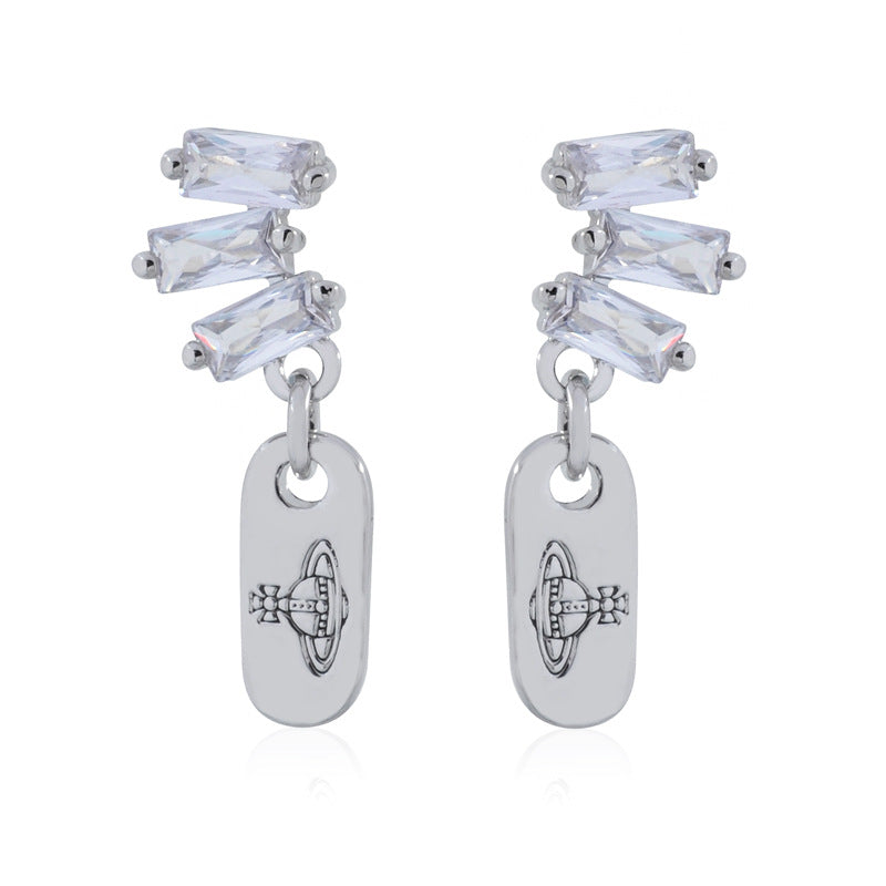 Vivienne Westwood square diamond Zircon stud earrings ins luxury High sense