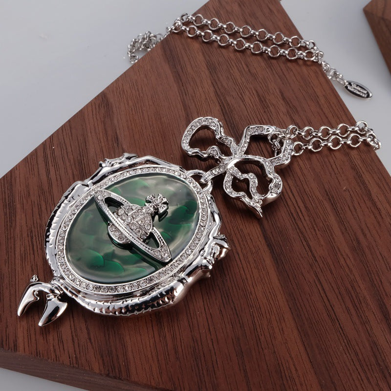 Vivienne Westwood mermaid full diamond emerald medal pendant necklace High sense