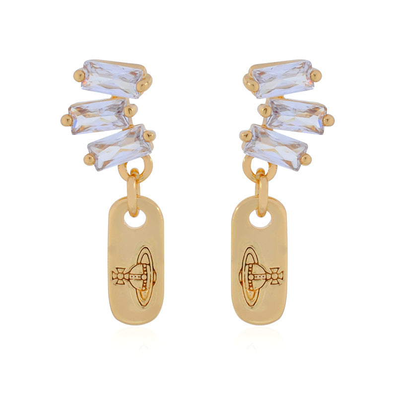 Vivienne Westwood square diamond Zircon stud earrings ins luxury High sense