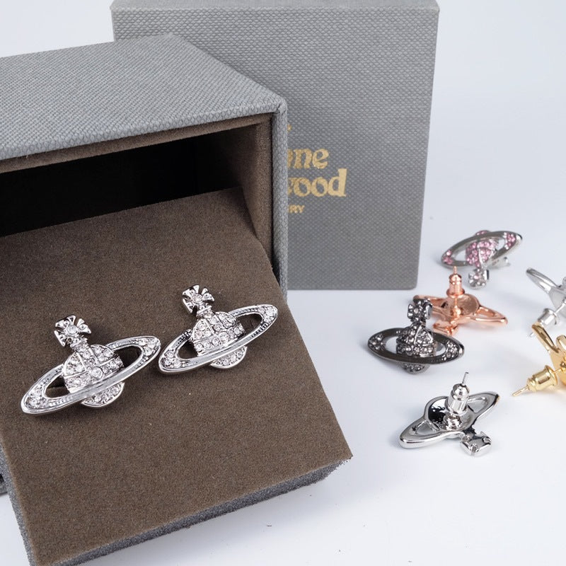 Vivienne Westwood classic full diamond orb stud earrings ins simple personalized all-match