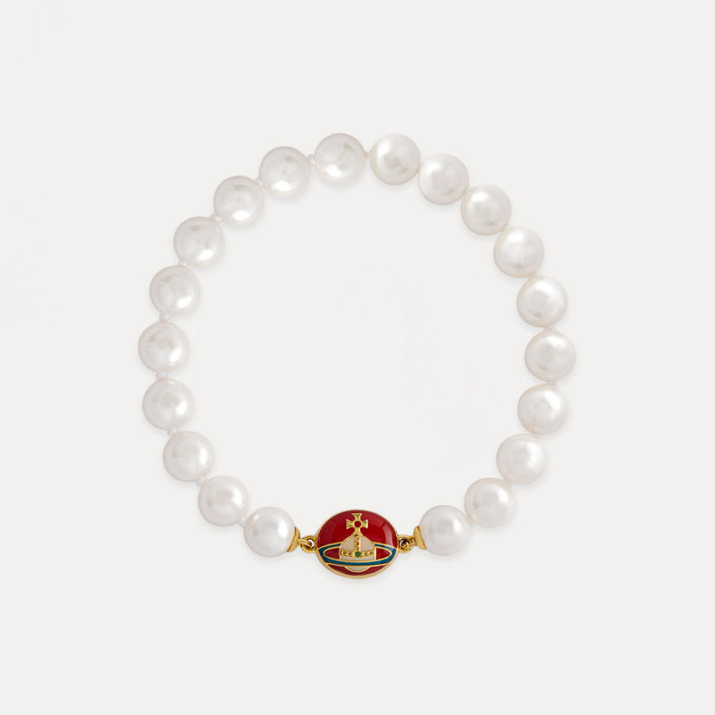 Vivienne Westwood pink paint magnetic enamel buckle pearl bracelet
