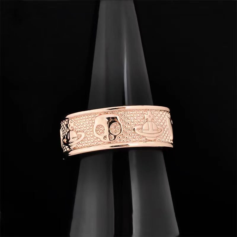 Vivienne Westwood unisex rose gold simple INS gold-plated LOGO men's and women's love skull Saturn ring