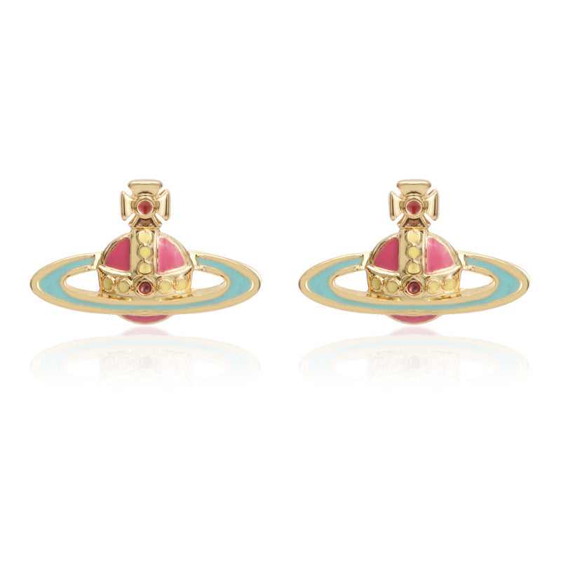 Vivienne Westwood two-tone epoxy Japanese and Korean inlaid Diamond affordable luxury fashion earrings