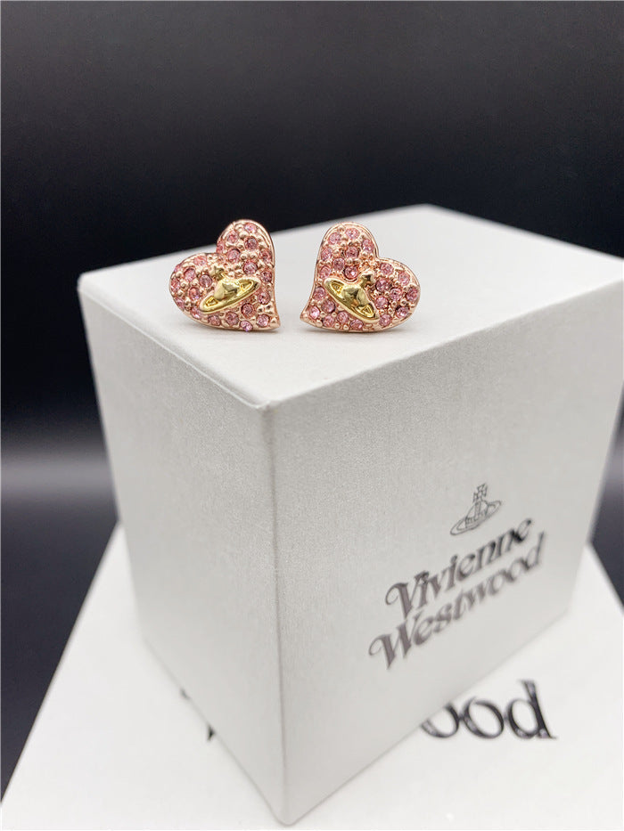 Vivienne Westwood fully jeweled loving heart ear studs fashion all-match European and American punk
