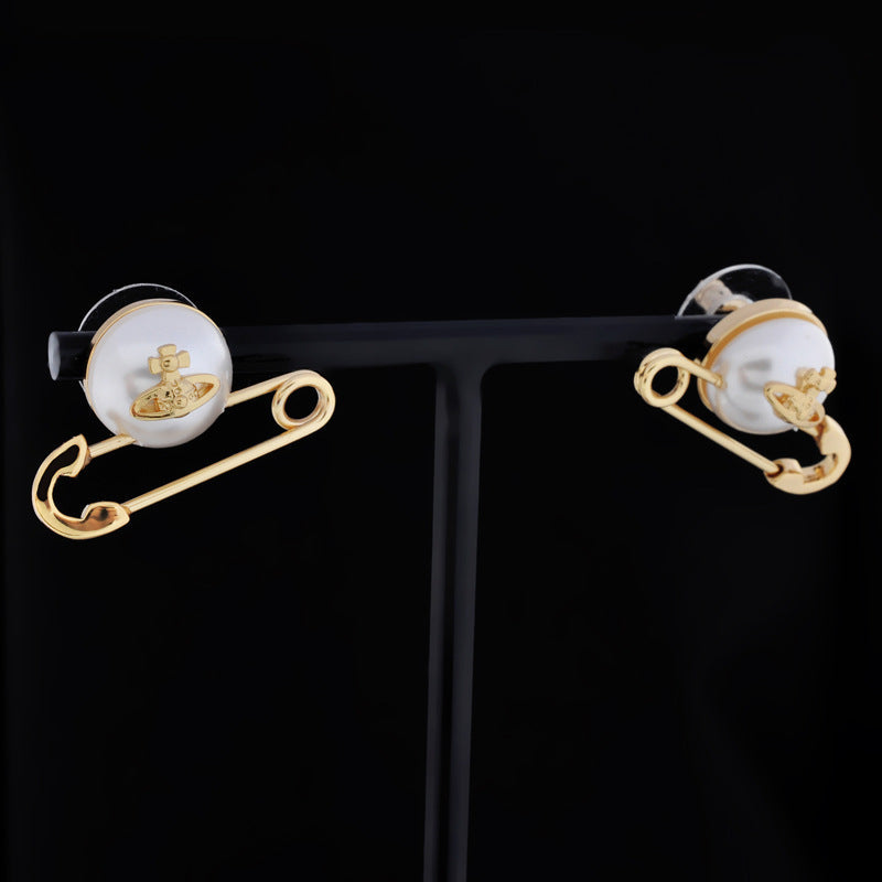 Vivienne Westwood pin pearl stud earrings ins small exquisite and versatile