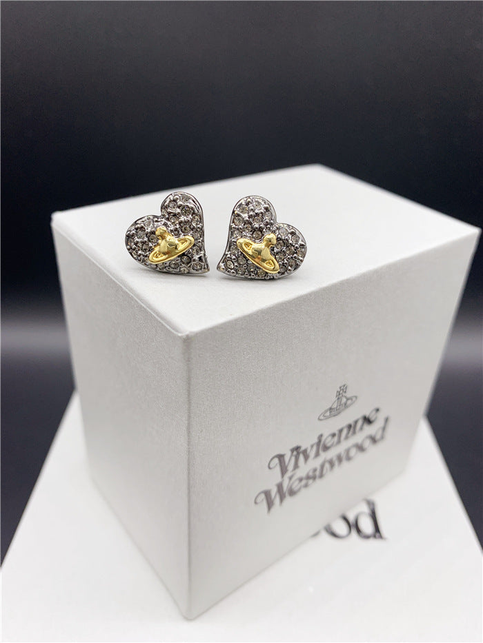 Vivienne Westwood fully jeweled loving heart ear studs fashion all-match European and American punk