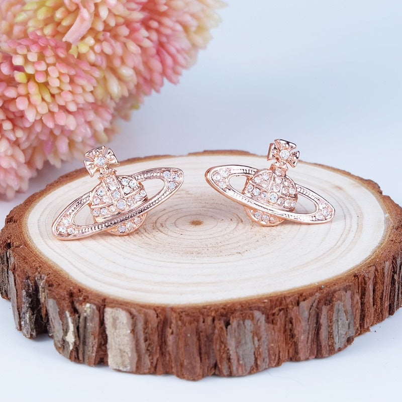 Vivienne Westwood classic full diamond orb stud earrings ins simple personalized all-match