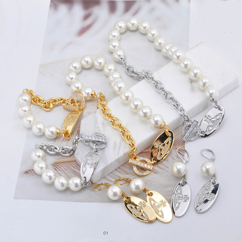Vivienne Westwood Pearl round bracelet punk earrings couple accessories