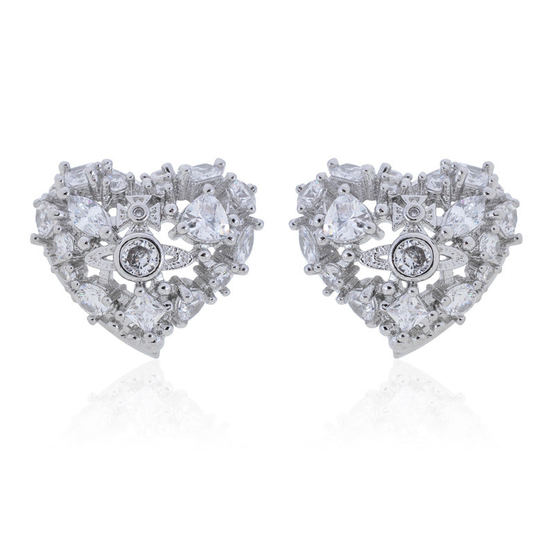 Vivienne Westwood love heart stud earrings special-shaped full diamond exquisite and versatile