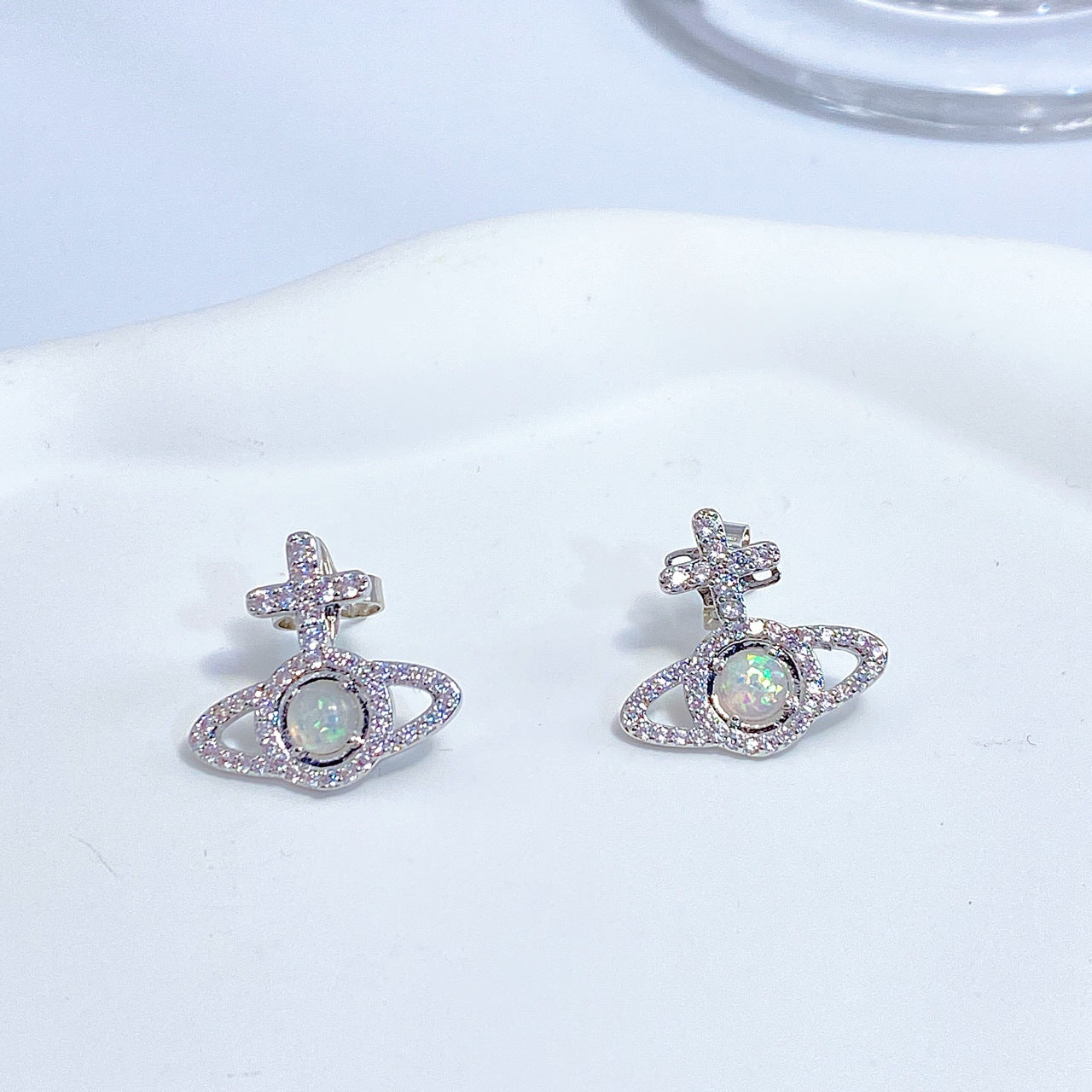 Vivienne Westwood orb Full Diamond Opal Stone Ear Studs Necklace