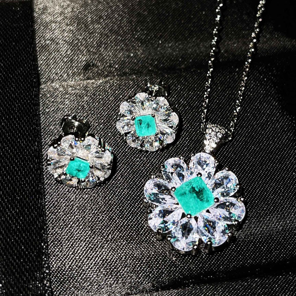 Kenzero Fine Custom Jewelry Natural Paraiba Necklace High Carbon Rhinestone Ear Studs Pendant Suit