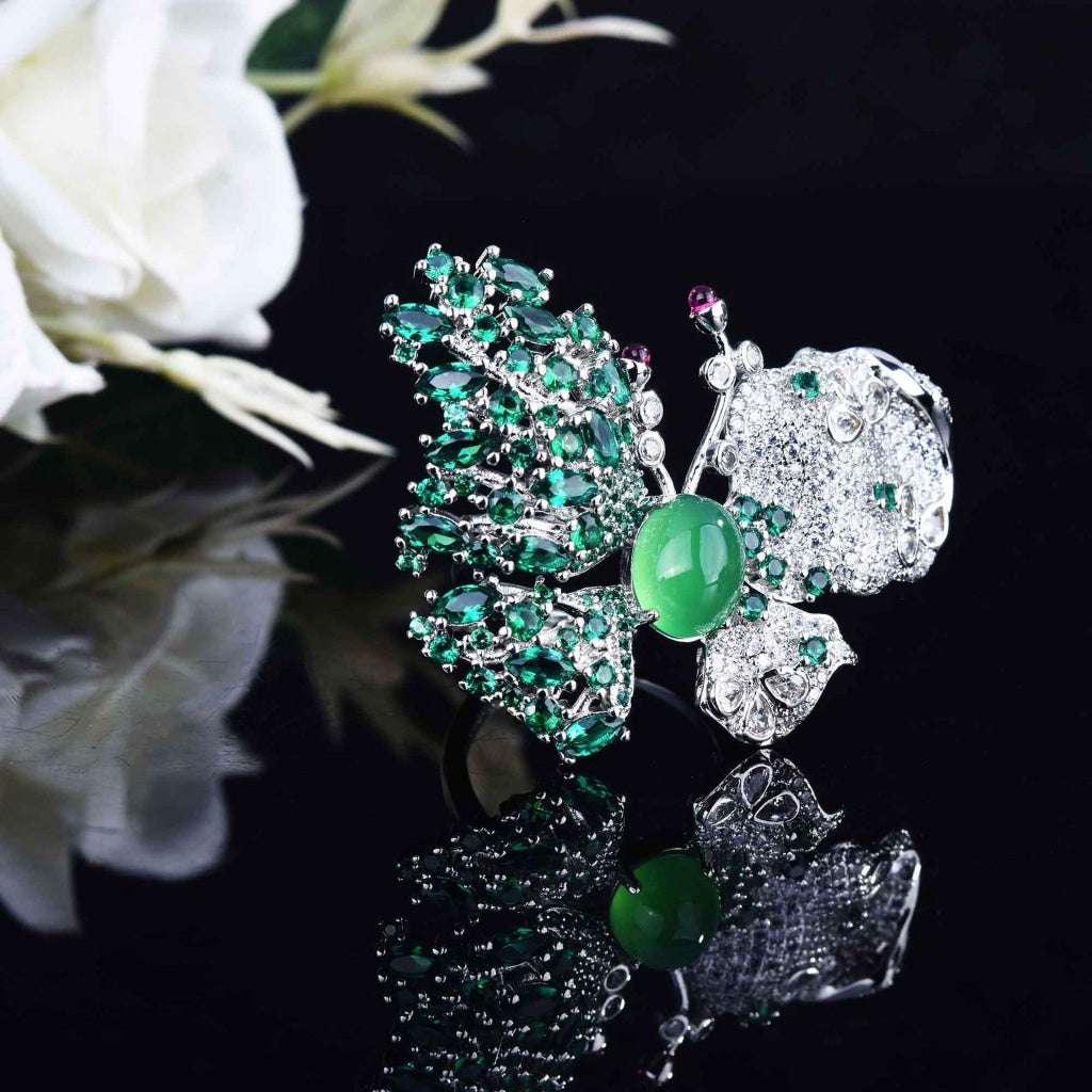 Kenzero Natural Chalcedony Suit Super Fairy Heavy Industry Design Butterfly Necklace Open Ring Green Chalcedony Stud Earrings