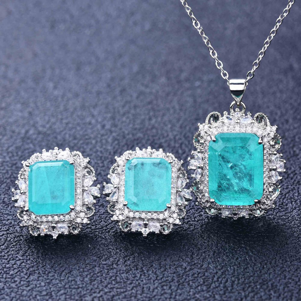 Kenzero Natural Paraiba Necklace Emerald Cutting Light Green Colored Gems Earings Set