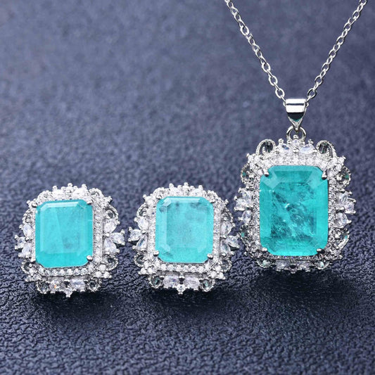Kenzero Natural Paraiba Necklace Emerald Cutting Light Green Colored Gems Earings Set