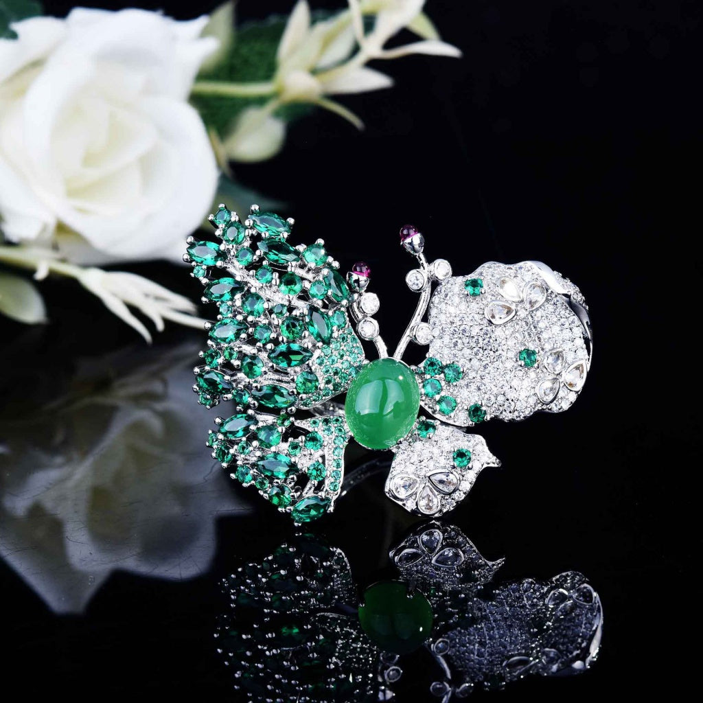 Kenzero Natural Chalcedony Suit Super Fairy Heavy Industry Design Butterfly Necklace Open Ring Green Chalcedony Stud Earrings