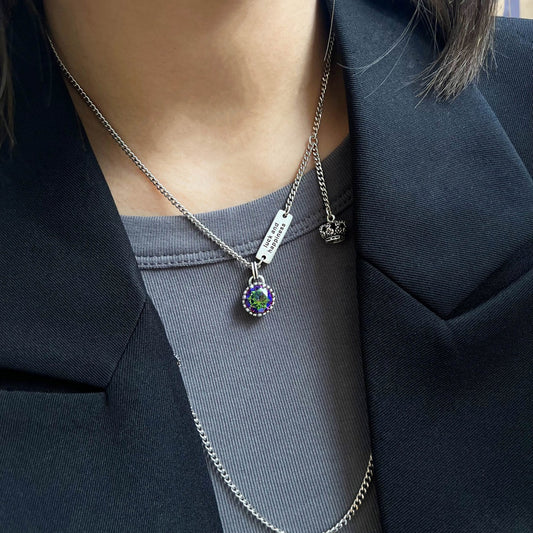 Kenzero Vintage Thai Silver Vintage Colorful Zircon Letters Square Plate Crown Sweater Necklace Female Niche Design Advanced Light Luxury