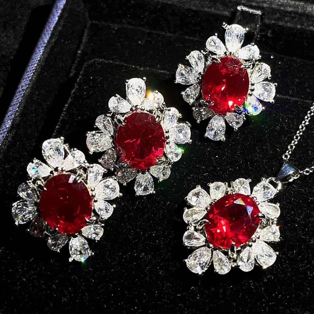 Kenzero Same Style Colored Gems Suit Fine Jewelry Customized Full Diamond Red Corundum Rings Ear Studs Pendant Necklace