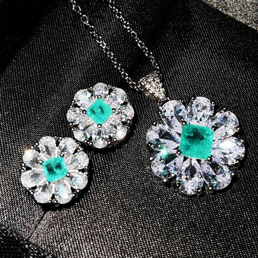 Kenzero Fine Custom Jewelry Natural Paraiba Necklace High Carbon Rhinestone Ear Studs Pendant Suit