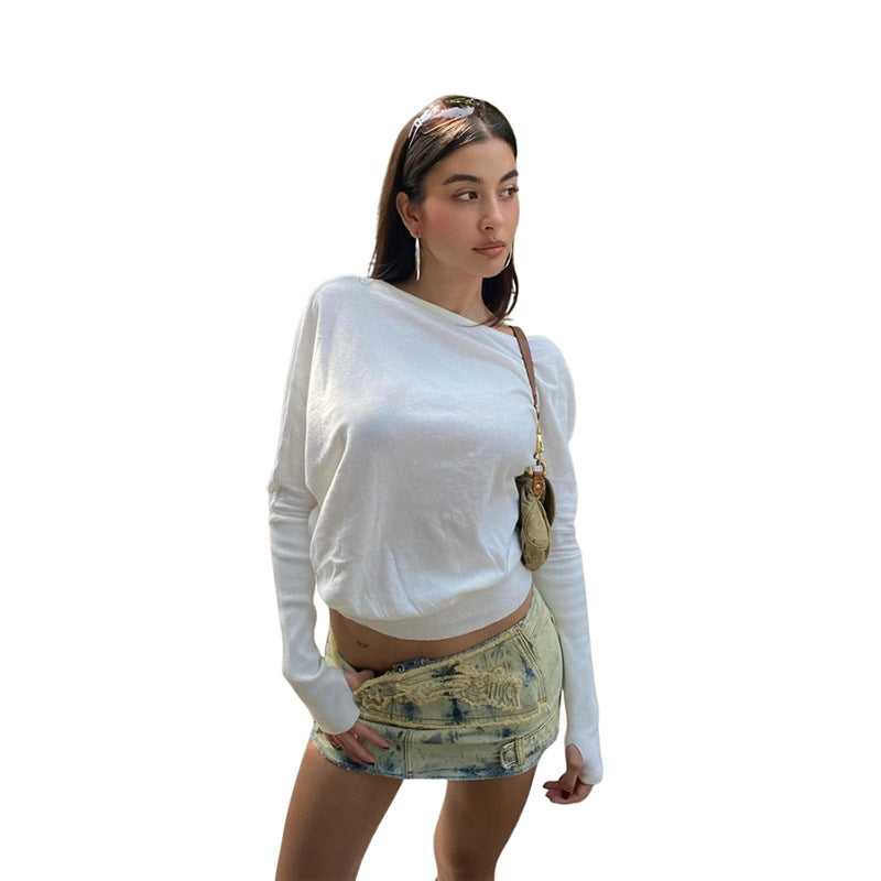 Cross-Border2024Summer New Women's Clothing Fashion Street Hot Girl Solid Color Diagonal Collar Loose All-Match Long SleeveTShirt Top