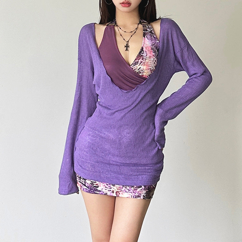 2024New Fall Women's Clothing Fashion Printed Irregular Stitching Suspender Skirt Outer Wear Slim-Fit Knitted Top