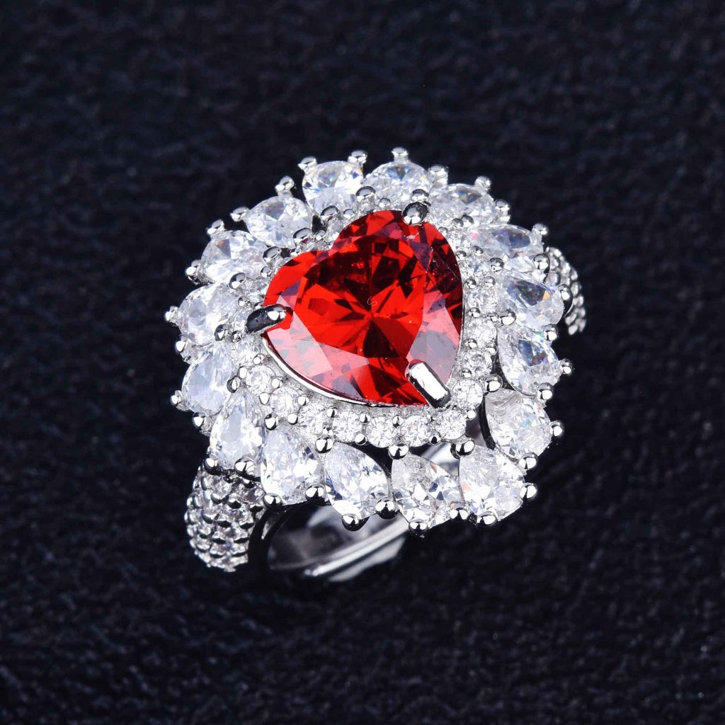 Kenzero Natural Pomegranate Red Necklace Diana Love Heart-Shaped Micro Setting Ring Ear Stud Pendant Suit