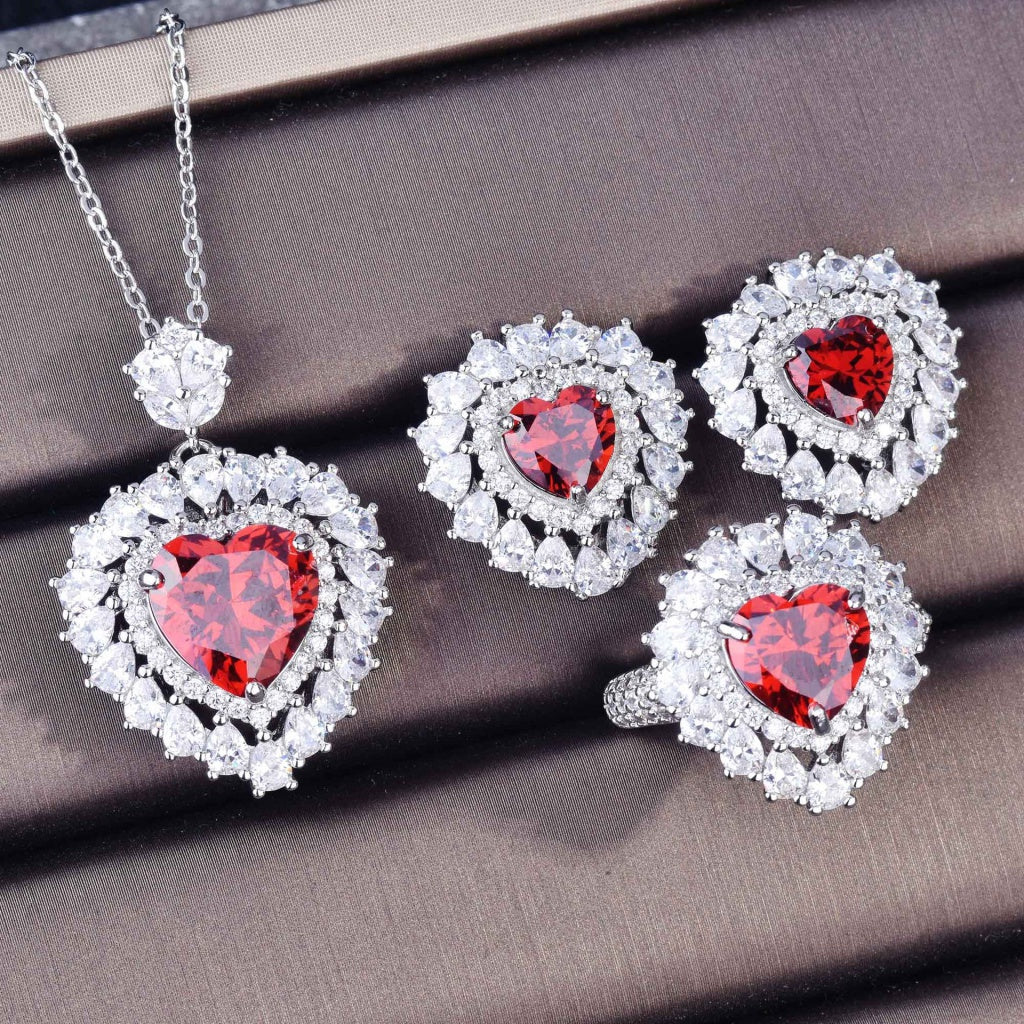 Kenzero Natural Pomegranate Red Necklace Diana Love Heart-Shaped Micro Setting Ring Ear Stud Pendant Suit