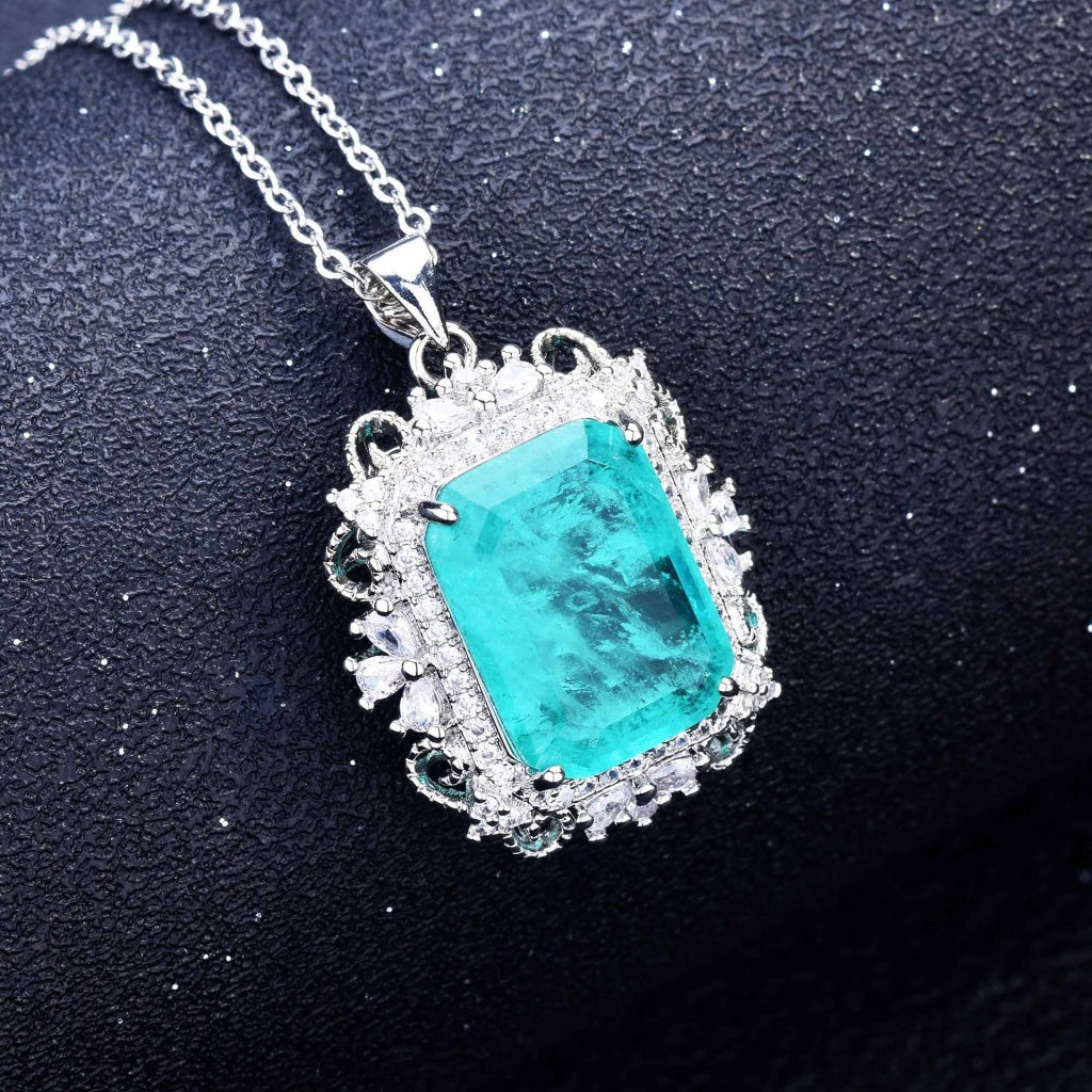 Kenzero Natural Paraiba Necklace Emerald Cutting Light Green Colored Gems Earings Set