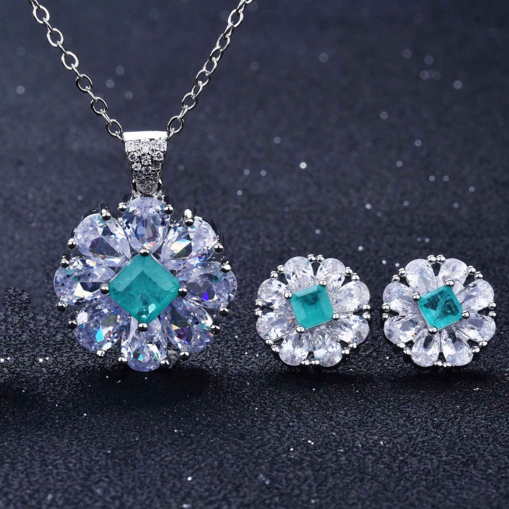 Kenzero Fine Custom Jewelry Natural Paraiba Necklace High Carbon Rhinestone Ear Studs Pendant Suit