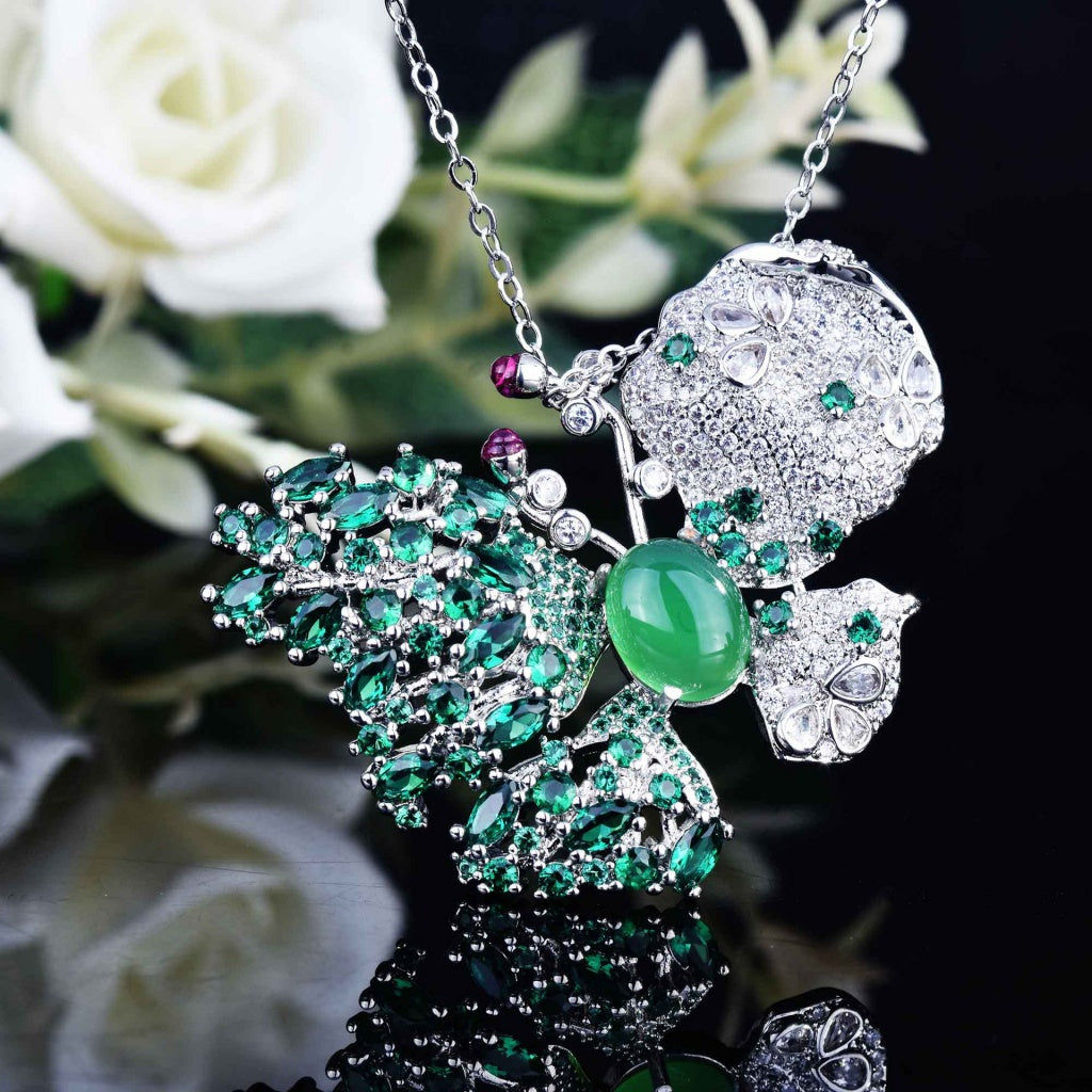Kenzero Natural Chalcedony Suit Super Fairy Heavy Industry Design Butterfly Necklace Open Ring Green Chalcedony Stud Earrings
