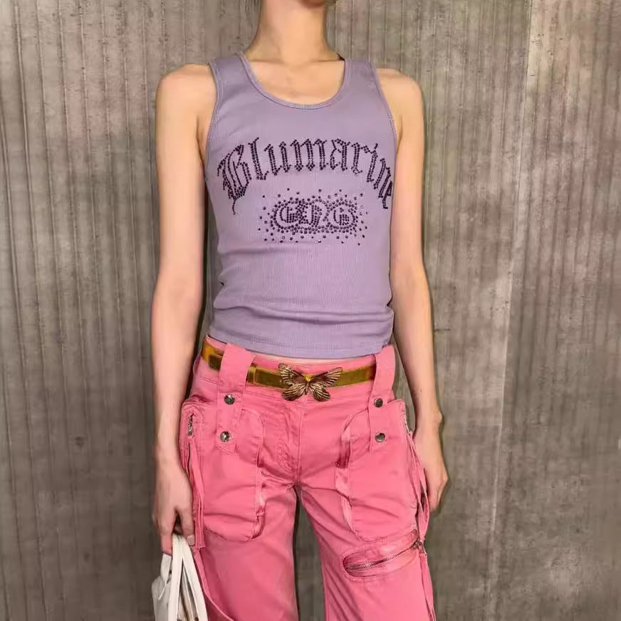 High VersionBlumarin*24ssShiny Letter Rhinestone Sleeveless Skinny Slimming Vest Easy Matching Sling Top