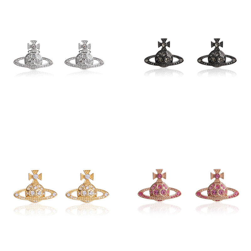 Vivienne Westwood honeycomb stud earrings with Diamond light luxury punk ins earrings