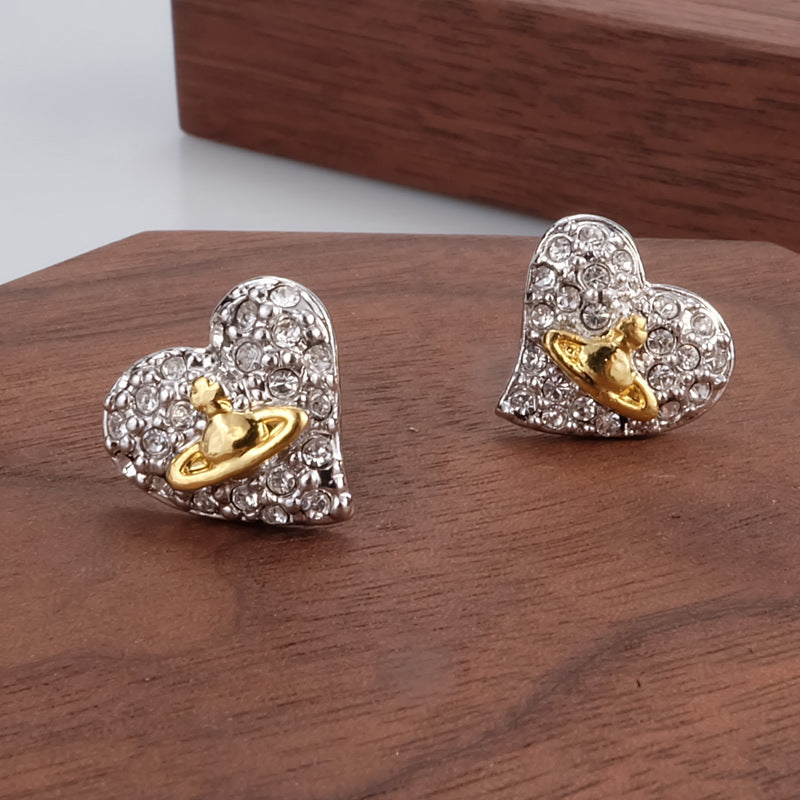 Vivienne Westwood fully jeweled loving heart series stud earrings personality European and American punk
