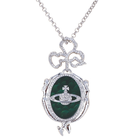 Vivienne Westwood mermaid full diamond emerald medal pendant necklace High sense