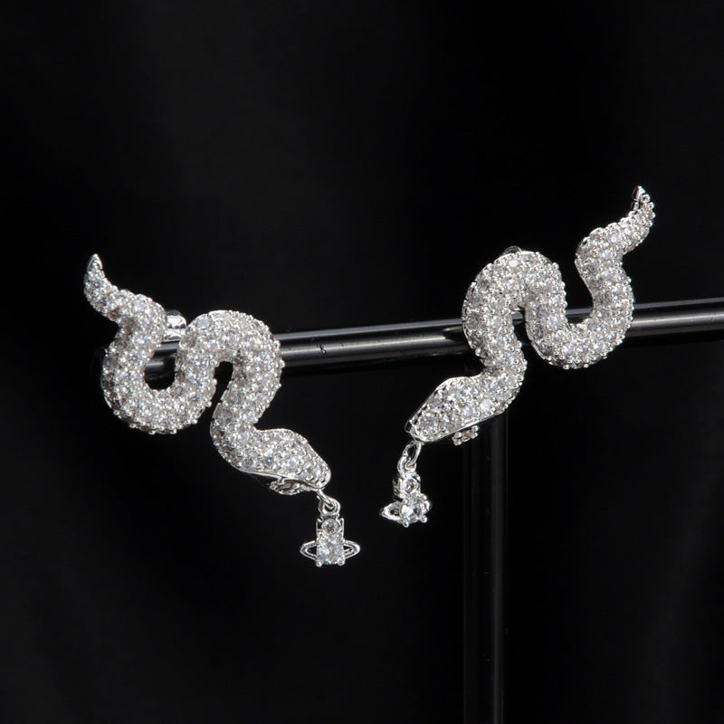 Vivienne Westwood full rhinestone zircon snake stud earrings niche European and American style high sense