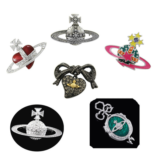 Vivienne Westwood dark red love meteor antique silver bow starry medal brooch