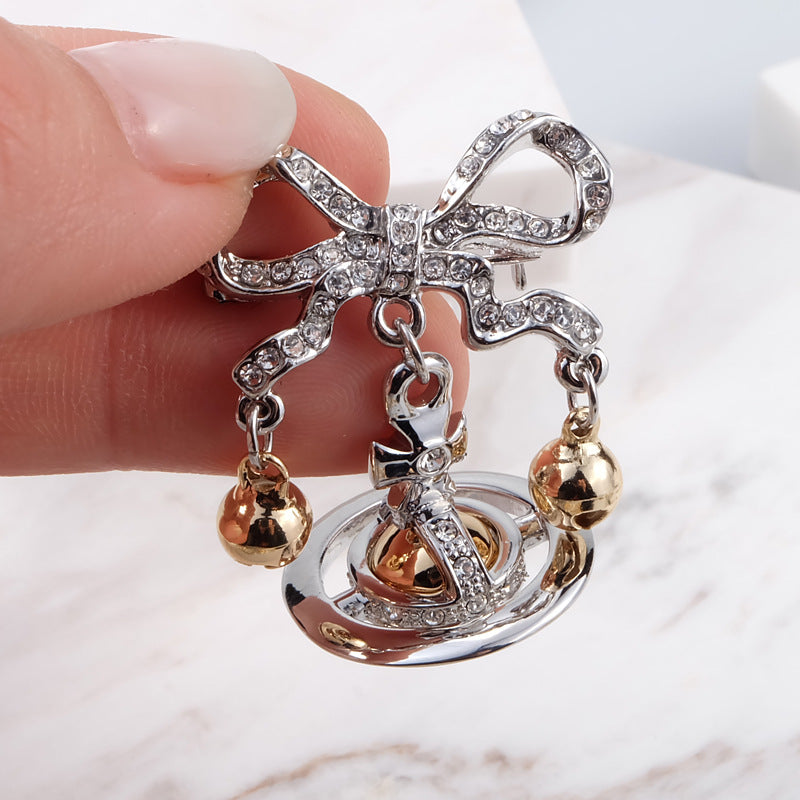 Vivienne Westwood full diamond bow bell brooch collar pin