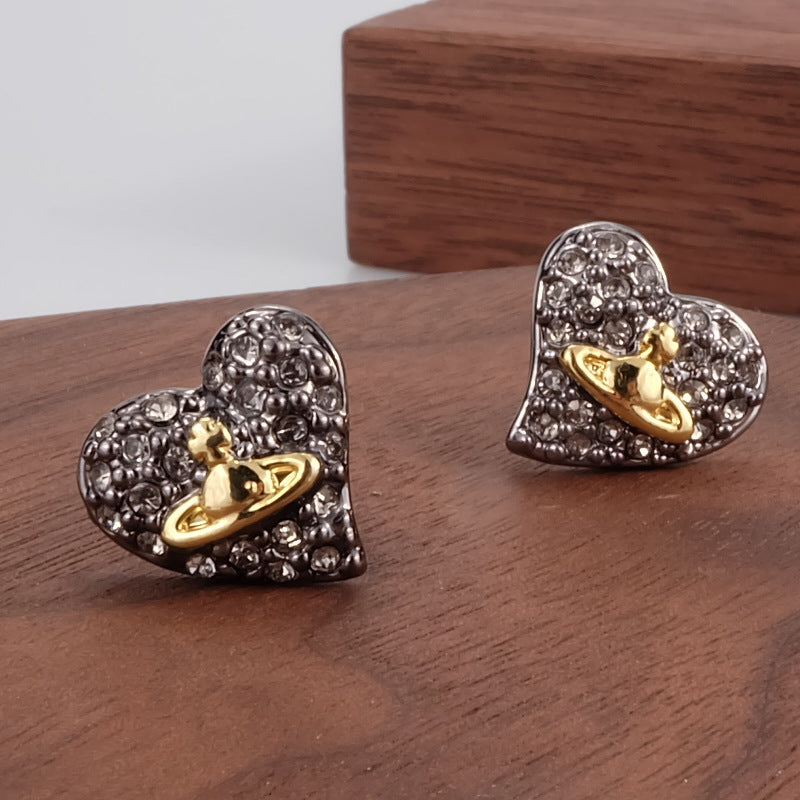 Vivienne Westwood fully jeweled loving heart series stud earrings personality European and American punk