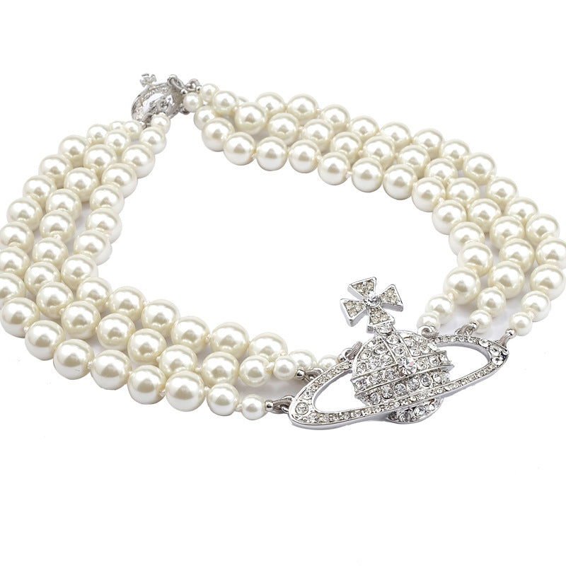 Vivienne Westwood three-layer Pearl silver ORB necklace exquisite high sense