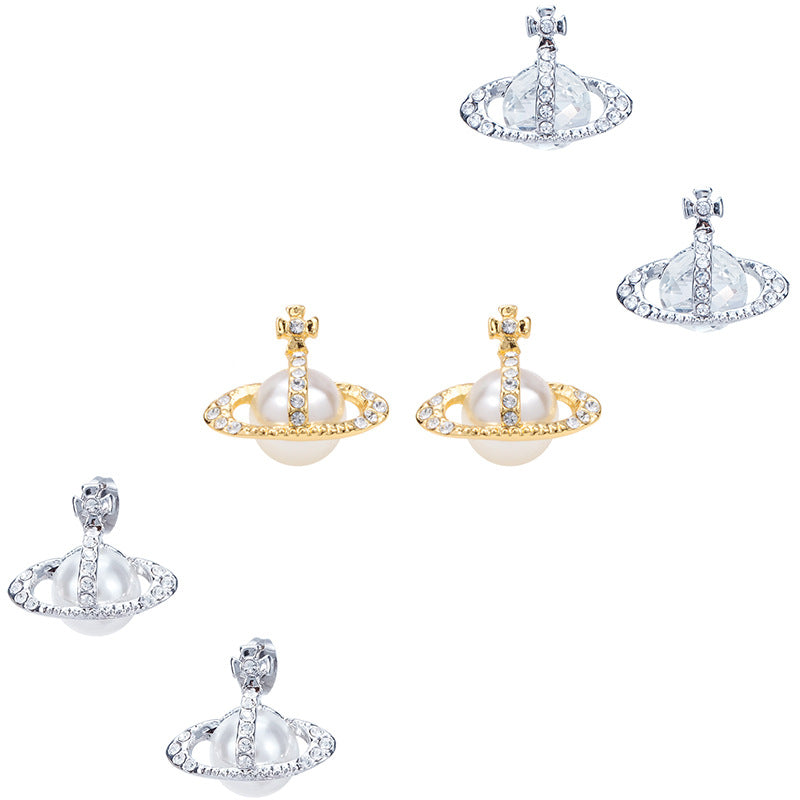 Vivienne Westwood half-face diamond pearl stud earrings luxury high-end