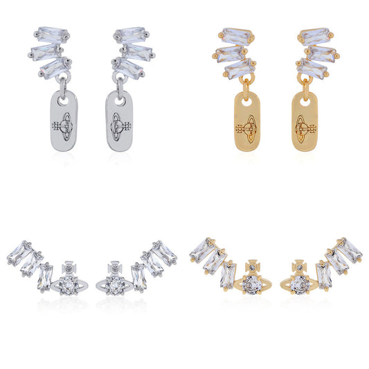 Vivienne Westwood square diamond Zircon stud earrings ins luxury High sense