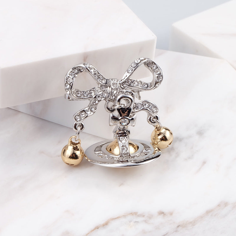 Vivienne Westwood full diamond bow bell brooch collar pin
