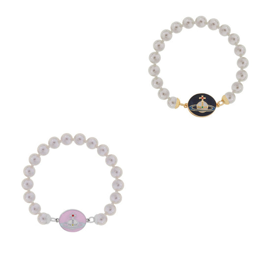 Vivienne Westwood pink paint magnetic enamel buckle pearl bracelet