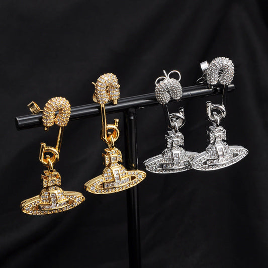 Vivienne Westwood high-end full Diamond Pin Stud earrings European and American friends
