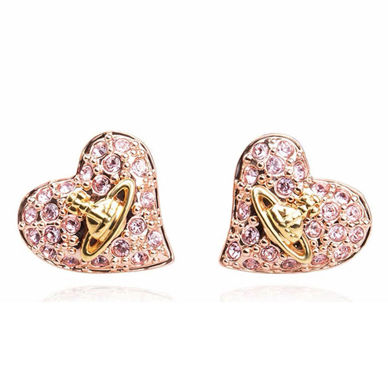 Vivienne Westwood fully jeweled loving heart series stud earrings personality European and American punk