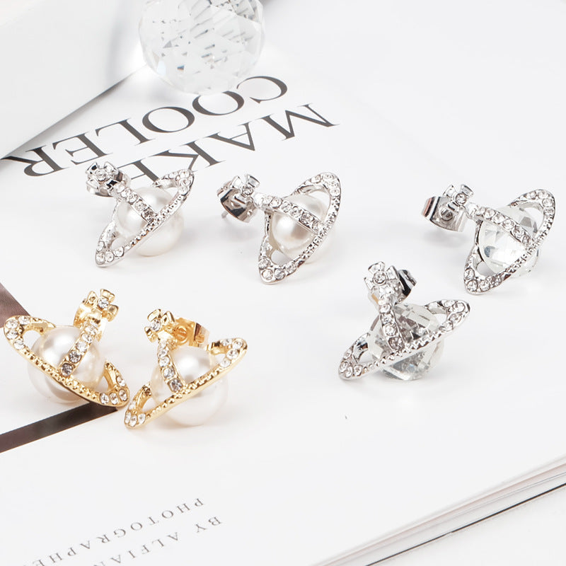 Vivienne Westwood half-face diamond pearl stud earrings luxury high-end